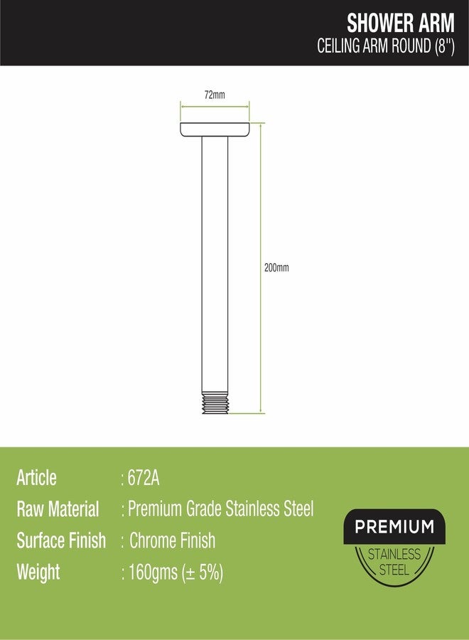 Lipka Stainless Steel 8 Inches Ceiling Round Shower Arm for Overhead Showers | Shower Arm with Flange | Chrome Finish (Shower Not Included) - Image 2